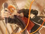 1boy bad_id bad_twitter_id black_pants blonde_hair clenched_hand collared_shirt ear_chain ear_piercing find_a_way_out_(project_sekai) grin highres holding holding_microphone jacket jewelry layered_clothes layered_sleeves linked_piercing long_sleeves looking_at_viewer male_focus microphone multicolored_hair multiple_necklaces multiple_rings necklace official_alternate_costume open_clothes open_jacket orange_hair outstretched_arm pants piercing project_sekai red_shirt ring shinonome_akito shirt short_hair smile solo streaked_hair torn_clothes torn_pants two-tone_hair yk62 
