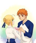  1boy 1girl ahoge blonde_hair couple emiya_shirou fate/stay_night fate/zero fate_(series) gift green_eyes hair_ribbon orange_eyes present red_hair ribbon saber 