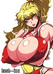  areolae bare_shoulders bash-inc blonde_hair breast_hold breasts bursting_breasts cleavage covered_nipples final_fight genryuusai_maki huge_breasts large_areolae long_hair muscle ninja ponytail red_eyes solo 