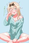  1girl alternate_costume barefoot blonde_hair blush breasts cleavage commentary_request drooling green_eyes hair_between_eyes hair_down highres hololive indian_style kazama_iroha long_hair looking_at_viewer medium_breasts messy_hair off_shoulder one_eye_closed open_mouth pajamas rubbing_eyes shinonome_sakura shorts simple_background sitting sleep_mask sleepy solo virtual_youtuber waking_up 