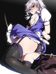  bdsm black_legwear black_panties bondage bound breasts crotch_rope foreshortening garter_belt highres izayoi_sakuya maid nipples panties pussy_juice red_eyes rope rope_walking short_hair silver_hair small_breasts solo tears thighhighs touhou umakatsuhai underwear 