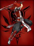 armor bad_id bad_pixiv_id black_gloves black_pants boots elsword elsword_(character) full_body gloves knee_boots lord_knight_(elsword) male_focus pants red red_background red_eyes red_hair shoes solo sword tabard umikawa_torao weapon 