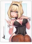  1girl alternate_costume animal_ears arknights arknights:_endfield artist_name avywenna_(arknights) bare_arms bare_shoulders black_bow black_bowtie black_hairband black_leotard blonde_hair blue_eyes blush border bow bowtie breasts brown_thighhighs cleavage commentary cowboy_shot detached_collar english_commentary eyelashes fishnet_thighhighs fishnets full_cleavage hairband hand_on_own_chest hands_up highleg highleg_leotard index_finger_raised lace-trimmed_thighhighs lace_trim leotard looking_at_viewer medium_breasts omar_dogan open_mouth playboy_bunny protected_link rabbit_ears scan short_hair sideways_glance signature simple_background sitting solo thighhighs traditional_bowtie traditional_media white_border white_wrist_cuffs wrist_cuffs 