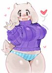  absurd_res anthro big_breasts blue_clothing blue_panties blue_underwear blush boss_monster_(undertale) bottomwear bovid breasts caprine clothed clothing eyelashes female floppy_ears fur gesture goat heart_symbol hi_res horn kawo_oshy looking_at_viewer mammal navel open_mouth open_smile panties pantsless pattern_bottomwear pattern_clothing pattern_panties pattern_underwear portrait purple_clothing purple_sweater purple_topwear simple_background smile solo sparkles striped_bottomwear striped_clothing striped_panties striped_underwear stripes sweater tail thick_thighs three-quarter_portrait topwear toriel undertale_(series) underwear waving waving_at_viewer white_background white_body white_fur wide_hips 