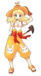  :3 anger_vein arm_behind_back arm_up backpack bag bird bittersweet_(dalcoms) blonde_hair blue_eyes blush bunny copyright_request gloves hat hatchet holding leaf long_hair open_mouth ribbon sandals short_sleeves solo straw_hat weapon western_hatchet 