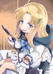  1girl :3 :d ahoge ball_and_chain_(weapon) bird_girl bird_wings blonde_hair blue_bow blue_dress blue_eyes bow chest_bow cloak commentary_request cowboy_shot dress feathered_wings filo_(tate_no_yuusha_no_nariagari) frilled_dress frills grey_cloak hair_ornament highres holding_ball_and_chain_(weapon) hood hooded_cloak long_hair long_sleeves looking_at_viewer on_bed open_mouth parted_bangs shi_ecchi short_dress sitting smile solo spiked_ball_and_chain tate_no_yuusha_no_nariagari tongue two-tone_dress weapon white_dress white_wings wing_hair_ornament wings 