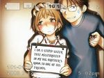  1boy 1girl age_difference angry battery_life blush brother_and_sister brown_eyes brown_hair child comic embarrassed eromanga female glasses grin hand_on_head hard_translated holding humiliation male manga otakubeam recording short_hair siblings sign sign_holding smile source_request standing sweat tears teeth time_stamp timestamp translated 
