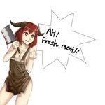  1girl :q apron blood cleaver diablo diablo_3 english horns knife naked_apron red_eyes red_hair short_hair smile solo the_butcher tongue tongue_out 