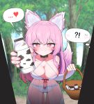  !? 1girl absurdres animal_ear_fluff animal_ears babydoll basket bottle breasts bridal_gauntlets cleavage closed_mouth collar collarbone commentary_request commission cowboy_shot criss-cross_halter day doorway fang forest halterneck heart heart-shaped_pupils hh highres holding holding_basket holding_bottle incoming_drink korean_commentary large_breasts long_hair looking_at_viewer milk milk_bottle nature original outdoors panties pink_hair pov_doorway red_eyes see-through_babydoll see-through_clothes smile solo speech_bubble spoken_heart spoken_interrobang symbol-shaped_pupils tail thought_bubble underwear white_babydoll white_bridal_gauntlets white_panties wolf_ears wolf_girl wolf_tail 