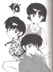  1boy 2girls :d braid character_and_genderswap chinese_clothes closed_mouth commentary english_commentary fuurinkan_high_school_uniform gift_art greyscale ilya_kuvshinov magazine_scan monochrome multiple_girls official_art open_mouth p-chan_(ranma_1/2) pig ranma_1/2 saotome_ranma saotome_ranma_(female) saotome_ranma_(male) scan school_uniform short_hair single_braid smile split_mouth tendou_akane third-party_source 