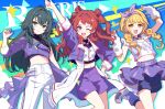  3girls blonde_hair blush chinese_commentary commentary_request earrings fujita_kotone gakuen_idolmaster green_eyes hair_ornament hanami_saki ideolo idolmaster jewelry long_hair looking_at_viewer multiple_girls navel open_mouth purple_shorts shorts simple_background skirt smile tsukimura_temari twintails 