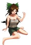  alternate_costume bare_shoulders barefoot bow breasts brown_eyes brown_hair camisole casual full_body hair_bow inugami_akito large_breasts long_hair open_mouth reiuji_utsuho simple_background sitting skirt solo strap_slip sweat tank_top touhou wariza white_background 
