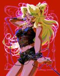  1girl black_nails black_shorts black_tank_top blonde_hair cable character_request commentary commission copyright_request english_commentary high_ponytail highres holding holding_microphone long_hair microphone midriff mttscz open_mouth ponytail red_background short_shorts shorts singing solo tank_top triangle_mouth 