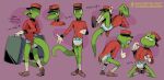  2025 amphibian anthro bellhop biped blush bodily_fluids clothed clothing crackajackin dialogue diaper digital_media_(artwork) embarrassed frog genital_fluids gloves green_body green_skin handwear hat headgear headwear heart_symbol hi_res lizard luggage male multiple_images red_clothing red_hat red_headwear reptile scalie simple_background solo suitcase text unclean_diaper uniform urine url used_diaper wearing_diaper wet_diaper 