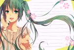  :d bad_id bad_pixiv_id bracelet floating_hair green_eyes green_hair hatsune_miku highres jewelry long_hair looking_at_viewer open_mouth smile solo twintails vocaloid yuzumikoto 