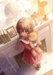  2girls ahoge ankle_socks blue_ribbon blush book bow bowtie brown_hair brown_shoes child commentary_request crossed_bangs desk_lamp different_reflection dress full_body gradient_hair hair_between_eyes highres holding holding_stuffed_toy kaisake_(utp) lamp long_hair long_sleeves medium_dress mirror multicolored_hair multiple_girls neck_ribbon original red_bow red_dress red_eyes reflection ribbon seiran_(sake_(utopia_modoki)) shoes shuan_(sake_(utopia_modoki)) siblings sisters socks stuffed_animal stuffed_toy teddy_bear twins white_socks 