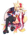  1girl :d animal_ear_fluff animal_ears ass bell black_sandals black_thighhighs blonde_hair bow breasts brown_eyes chiri_(atlanta) commentary_request cup detached_sleeves egasumi fang flower fox_ears fox_girl fox_tail frilled_thighhighs frills hair_bell hair_between_eyes hair_flower hair_ornament hairband hands_up highres holding jingle_bell long_sleeves looking_at_viewer medium_breasts original petals platform_sandals pleated_skirt red_flower red_skirt ribbon-trimmed_sleeves ribbon-trimmed_thighhighs ribbon_trim sakazuki sample_watermark sandals sideboob single_breast_curtain skirt smile solo tail ten'inkou_korin thighhighs watermark white_background white_flower white_hairband white_sleeves wide_sleeves yellow_bow zouri 