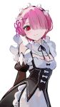  1girl absurdres apron black_dress blush breasts cleavage clothing_cutout commentary_request detached_collar dress hair_ornament hair_over_one_eye highres long_sleeves looking_at_viewer marumai medium_breasts pink_hair ram_(re:zero) re:zero_kara_hajimeru_isekai_seikatsu red_eyes short_hair shoulder_cutout smile solo waist_apron white_apron x_hair_ornament 