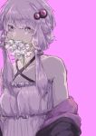  1girl absurdres black_jacket commentary_request criss-cross_halter dress flower flower_in_mouth hair_ornament halterneck highres jacket long_hair looking_at_viewer low_twintails mouth_hold off_shoulder oisiiidoo pink_flower purple_background purple_dress purple_eyes purple_hair simple_background sleeveless sleeveless_dress solo twintails upper_body vocaloid voiceroid yuzuki_yukari 