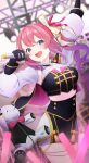  1girl absurdres arm_up black_corset black_gloves black_skirt blue_eyes blurry blurry_background blush breasts commentary_request corset detached_sleeves gloves glowstick gradient_hair hair_ribbon heart heart_in_eye highres holding holding_microphone kuramochi_meruto large_breasts long_hair long_sleeves microphone multicolored_hair nijisanji nijisanji_idol_uniform open_mouth pink_hair pink_ribbon purple_hair rene_(kuramochi_meruto) ribbon shirt skirt smile solo_focus stage_lights stuffed_animal stuffed_toy symbol_in_eye tassel teddy_bear teeth thighs two-tone_hair upper_teeth_only virtual_youtuber white_ribbon white_shirt white_skirt white_sleeves yellow_ribbon yu-ki_(user_dttw2327) 