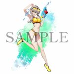  1girl amane_suzuha armpits artist_request bare_legs check_artist commentary english_commentary foot_up_heel_up full_body holding holding_water_gun huke ikeda_yasuhiro official_art one_eye_closed open_mouth panties promotional_art sample_watermark science_adventure shoes smile solo sports_bra standing standing_on_one_leg steins;gate steins;gate_re:boot stomach underwear water_gun watermark yellow_panties yellow_shoes yellow_sports_bra 