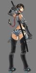  555 ass bare_shoulders blue_eyes boots brown_hair katana looking_back original short_hair simple_background solo sword weapon 