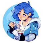  bigchezart blue_hair blue_hoodie commentary cyborg eating english_commentary food hood hoodie jacket mechanical_arms meta_runner noodles purple_eyes ramen short_hair tari_(smg4) 