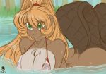  anthro avencri beaver big_breasts bikini biting_lip blonde_hair blush bottomless breasts brown_fur butt chest_tuft clothed clothing digital_media_(artwork) female fio_(avencri) fur green_eyes hair long_hair looking_at_viewer mammal nipples outside partially_submerged ponytail rodent smile solo swimsuit tuft voluptuous water wet wet_fur 