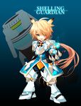  aqua_eyes armor bad_id bad_pixiv_id blonde_hair blue_background boots cannon cartridge character_name chung_seiker elsword full_body gauntlets gloves greaves hair_flaps huge_weapon long_hair male_focus pants shelling_guardian_(elsword) smile solo vkekrdhs weapon 