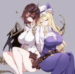  2girls asymmetrical_wings belt black_belt blonde_hair breasts brown_hair brown_mask brown_skirt closed_eyes closed_mouth collared_shirt commentary_request dress facing_viewer grey_background hat hat_ribbon highres iwanaga_ariya large_breasts long_hair long_sleeves looking_at_viewer mask mask_over_one_eye multiple_girls purple_dress purple_ribbon raptor7 red_eyes ribbon shirt simple_background single_strap sitting skeletal_clothes skeletal_wings skirt sleeping sleeping_on_person squiggle stone_skirt thighs touhou very_long_hair watatsuki_no_toyohime white_hat white_shirt wings yuri 
