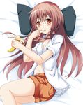  ass banana bed braid brown_eyes brown_hair eating food fruit long_hair lying navel ok-ray on_side original shirt shorts solo tenihaba_nana 