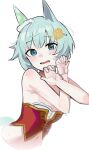  1girl animal_ears bare_arms bare_shoulders blue_eyes blush bodice breasts commentary_request corset cropped_torso ear_covers flower grey_hair hair_between_eyes hair_flower hair_ornament hairclip horse_ears horse_girl horse_tail looking_at_viewer navel open_mouth red_corset seiun_sky_(umamusume) short_hair simple_background single_ear_cover small_breasts solo solokitsune starting_future_(umamusume) sunflower sunflower_hair_ornament sweat tail umamusume white_background 