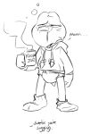  anthro bandage bandage_on_face bandage_on_nose black_and_white bodily_fluids clothed clothing container crackajackin cup dialogue diaper digital_media_(artwork) english_text footwear genital_fluids groggy hoodie koopa koopa_troopa koops male mario_bros monochrome mug nintendo offscreen_character paper_mario reptile scalie simple_background sketch socks solo text tired topwear unclean_diaper urine used_diaper waking_up wet_diaper white_background 