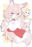  1girl animal_ear_fluff animal_ears animal_nose artist_name blush border bow bowtie breasts claws cleavage covered_navel detached_collar finger_to_face fluffy_hair furry furry_female grey_fur hand_on_own_hip hanging_breasts heart highleg highleg_leotard highres large_breasts leaning_forward leotard long_hair looking_at_viewer mo_(k40633) open_mouth original pink_hair pink_nails playboy_bunny rabbit_ears rabbit_girl rabbit_tail red_bow red_bowtie red_leotard short_eyebrows signature snout solo strapless strapless_leotard symbol-shaped_pupils tail teeth thick_eyebrows thighhighs thighs two-tone_fur upper_teeth_only very_long_hair white_border white_fur white_thighhighs wrist_cuffs yellow_background 