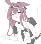  1girl :o animal_ears arknights black_bow black_shirt blue_hair blush bow breasts clenched_hand dr38ttler extra_ears gloves hair_between_eyes hair_bow hair_ornament hairclip half-closed_eyes headlamp highres implied_after_sex long_hair looking_at_viewer lying medium_breasts multicolored_hair navel on_side one_ear_down open_mouth out-of-frame_censoring partially_colored purple_eyes purple_hair rabbit_ears rabbit_girl ray_(arknights) sheet_grab shirt short_sleeves simple_background solo speech_bubble streaked_hair sweat thought_bubble translated trembling two-tone_hair upper_body vest visor_cap white_background 