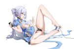  1girl absurdres acacia_(snowbreak) barefoot black_panties breasts chinese_clothes clothing_cutout commentary_request controller frilled_panties frills game_controller highres holding holding_phone holding_with_feet hornesix lying panties pantyshot phone snowbreak:_containment_zone spread_legs underboob underboob_cutout underwear wide_spread_legs 