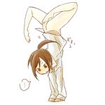  1girl ass bangs barefoot bottomless brown_eyes brown_hair dress_shirt handstand hoshigaki_(kyuukp) naked_shirt plantar_flexion ponytail sekaiju_no_meikyuu sekaiju_no_meikyuu_3 shirt shogun_(sekaiju) short_hair solo spoken_ellipsis sweatdrop swept_bangs trembling upside-down 