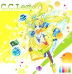  :d bad_id bad_pixiv_id blue_eyes c.c._lemon c.c._lemon_(character) character_name copyright_name fingerless_gloves gloves green_hair hair_ornament headphones holding long_hair megaphone open_mouth pantyhose smile solo star twintails yashiro_seika 