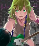  510 electric_guitar foreshortening green_eyes green_hair guitar gumi hair_ornament hairclip highres honeycomb_(pattern) honeycomb_background instrument microphone open_mouth short_hair smile solo vocaloid 