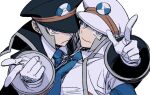  2boys black_hat blue_necktie brothers closed_mouth coat collared_shirt commentary_request emmet_(pokemon) frown gloves grey_eyes grey_hair hat ingo_(pokemon) korean_commentary long_sleeves looking_at_viewer male_focus multiple_boys necktie open_clothes open_coat peaked_cap pointing pokemon pokemon_black_and_white seku_000 shirt short_hair siblings simple_background upper_body white_shirt 