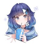  1girl absurdres black_choker blue_eyes blue_hair blue_hoodie choker commentary_request cup disposable_cup drinking flower_symbol gradient_hair hair_flaps hair_ornament highres holding holding_cup hood hoodie looking_at_viewer multicolored_hair nishiki_yuno simple_background solo tsumugi_kokage tsumugi_kokage_(1st_costume) virtual_youtuber vspo! white_background 