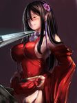  1girl bare_shoulders black_hair blush breasts clenched_teeth collar detached_sleeves dress dress_lift erect_nipples erinerin99 eyes_closed female flower forced hair_flower hair_ornament hairband imminent_rape large_breasts lock long_hair no_panties pubic_hair queen&#039;s_blade queen&#039;s_blade_rebellion queen's_blade queen's_blade_rebellion red_dress sideboob sword tarnyan tarnyang_(queen's_blade) tears teeth weapon 