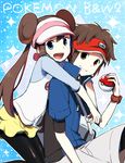  1girl bag black_legwear blue_eyes brown_eyes brown_hair double_bun hat hug jacket kl kyouhei_(pokemon) leggings long_hair looking_at_viewer mei_(pokemon) pantyhose poke_ball poke_ball_(generic) pokemon pokemon_(game) pokemon_bw pokemon_bw2 raglan_sleeves shorts skirt smile twintails visor_cap 