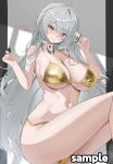  1girl bikini blue_eyes breasts chinese_commentary cleavage commentary_request commission cunaja gold_bikini grey_hair highres large_breasts long_hair looking_at_viewer original sample_watermark smile solo swimsuit watermark white_hair 