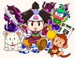  1boy animal armor banner bird black_hair brown_eyes cat commentary_request green_bird headband holding holding_banner holding_sack holding_sword holding_weapon japanese_armor japanese_clothes kataginu katana kusazuri male_focus momotarou_(momotarou_densetsu) momotarou_densetsu monkey nobori open_mouth pants ponytail running running_towards_viewer sack sakurajyousui_nami sandals short_hair socks sword tabi teeth upper_teeth_only weapon white_cat white_headband white_socks yellow_pants 