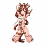  1girl animal_ears armpits arms_behind_head blue_eyes bra cameltoe flat_chest full_body highres holding holding_sword holding_weapon horse_ears horse_girl horse_tail kneeling long_hair ponytail shoes solo sword tail tokai_teio_(umamusume) umamusume underwear v-shaped_eyebrows very_long_hair weapon white_bra white_shoes yingjian 