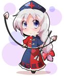  arrow blouse blue_eyes bow bow_(weapon) braid chibi constellation cross hair_bow hat highres hiro_(pqtks113) long_hair looking_at_viewer short_hair silver_hair simple_background skirt smile solo standing touhou trigram weapon white_background yagokoro_eirin 