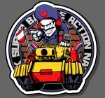  1boy battle_city_(game) black_eyes blue_hat blue_jacket colored_skin commentary_request deformed facial_hair flag grin hat headphones jacket jerry_can male_focus military_uniform military_vehicle motor_vehicle mustache muzzle_device outline peaked_cap pointing sakurajyousui_nami smile solo tank tank_cupola white_outline white_skin 