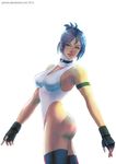  arm_strap ass bare_shoulders blair_dame blue_hair boots breasts choker detached_collar fingerless_gloves gloves green_eyes hair_up jaimito leotard medium_breasts short_hair solo street_fighter street_fighter_ex_(series) thigh_boots thighhighs 