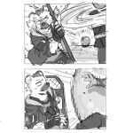  2026 anthro arknights bandolier bottomwear boulder clothing comic defending ear_piercing eyebrow_piercing facial_piercing fingerless_gloves gloves handwear hi_res hitting holding_object holding_shield hyena hypergryph jacket male mammal markings nigirikobushi2 pants piercing riot_shield rock shield shirt solo_focus spot_(arknights) spots spotted_body spotted_hyena studio_montagne text topwear 